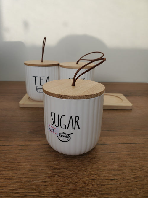 3-Piece Ceramic Tea, Coffee & Sugar Jar Set with Wooden Tray (5-1)