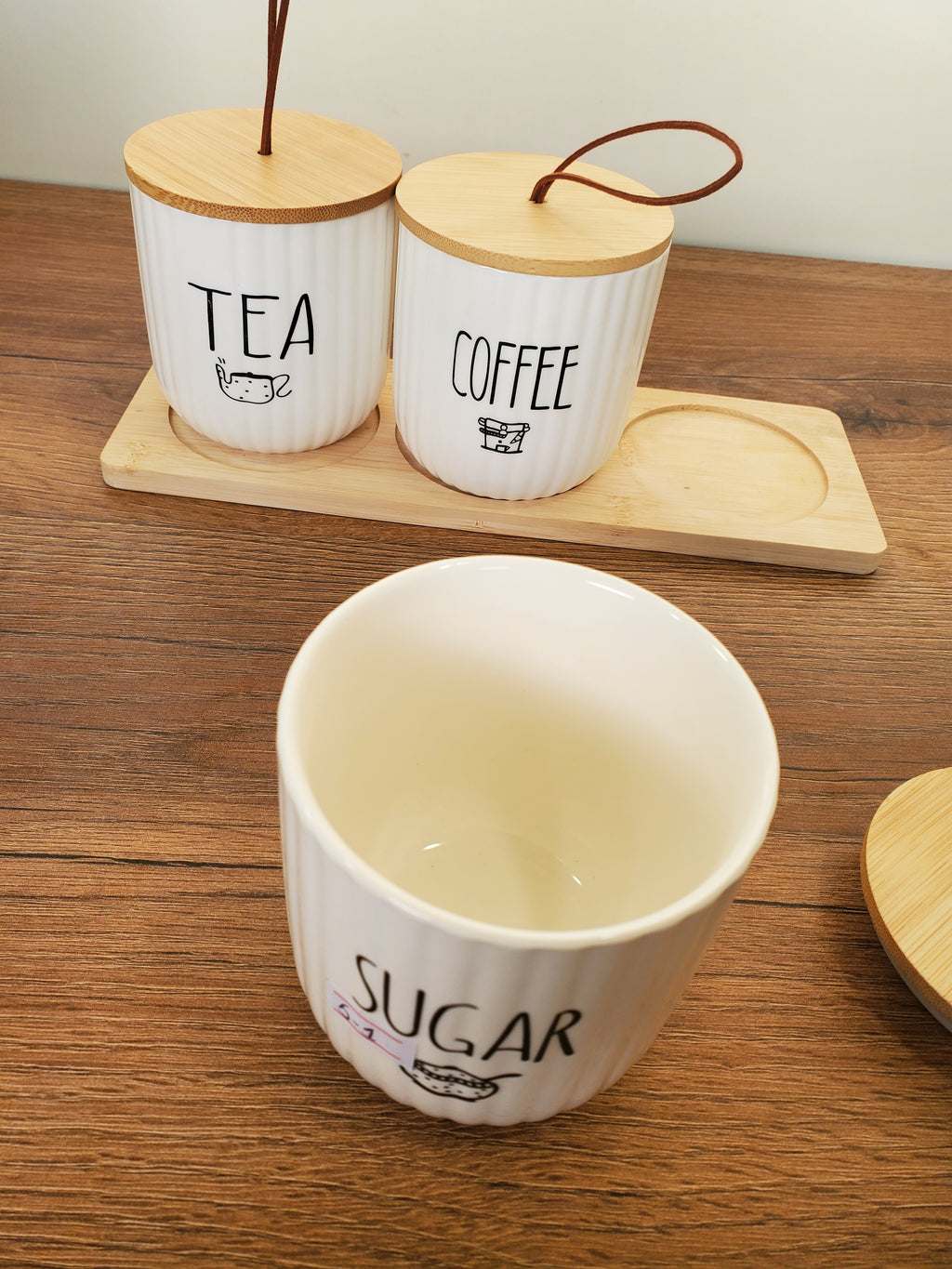 3-Piece Ceramic Tea, Coffee & Sugar Jar Set with Wooden Tray (5-1)