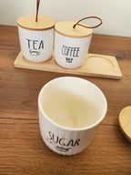 3-Piece Ceramic Tea, Coffee & Sugar Jar Set with Wooden Tray (5-1)