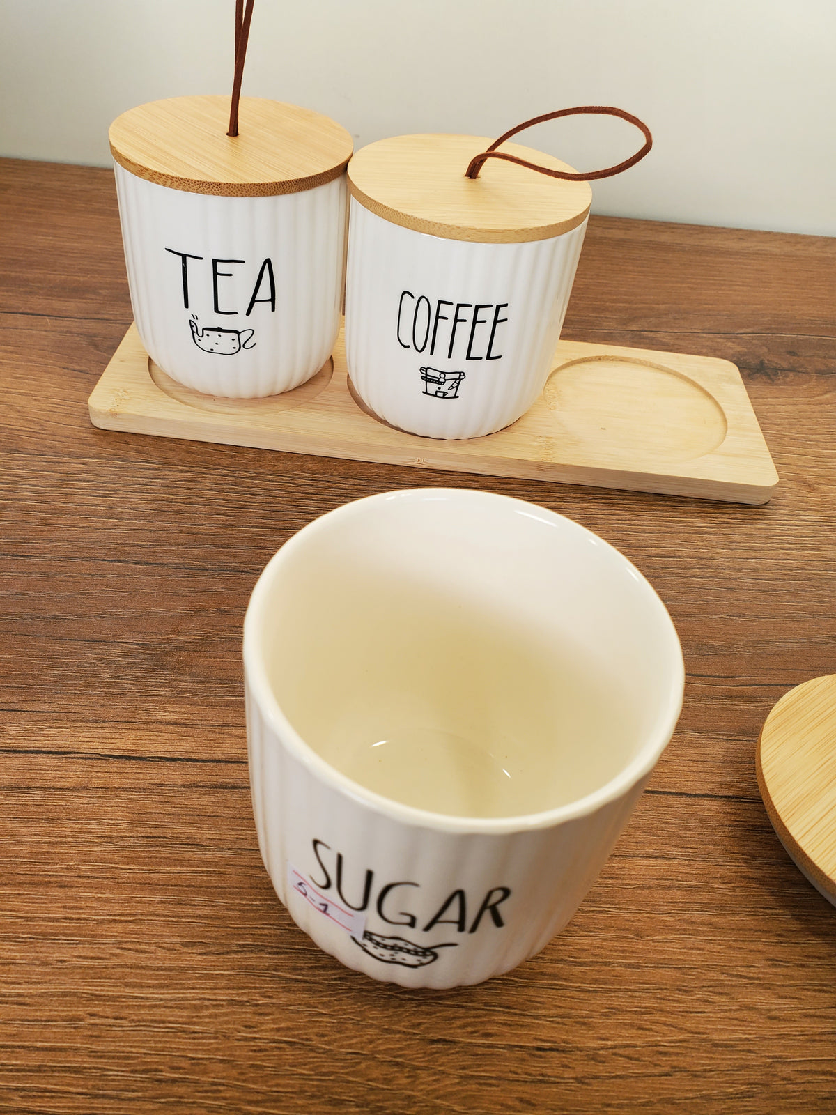 3-Piece Ceramic Tea, Coffee & Sugar Jar Set with Wooden Tray (5-1)