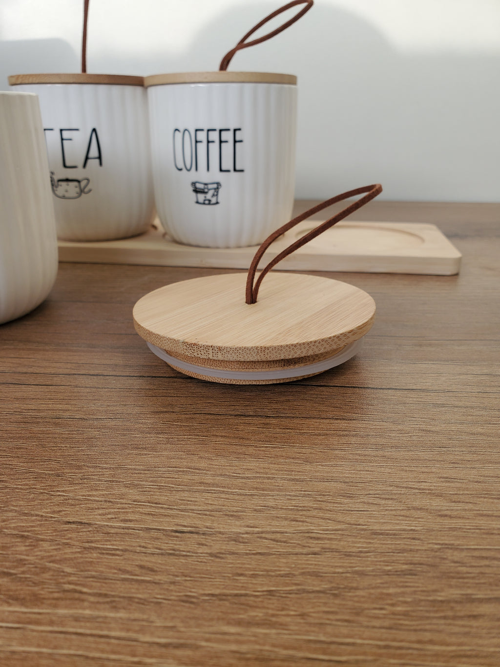 3-Piece Ceramic Tea, Coffee & Sugar Jar Set with Wooden Tray (5-1)
