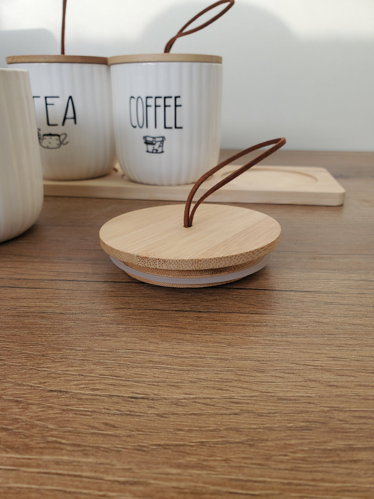 3-Piece Ceramic Tea, Coffee & Sugar Jar Set with Wooden Tray (5-1)