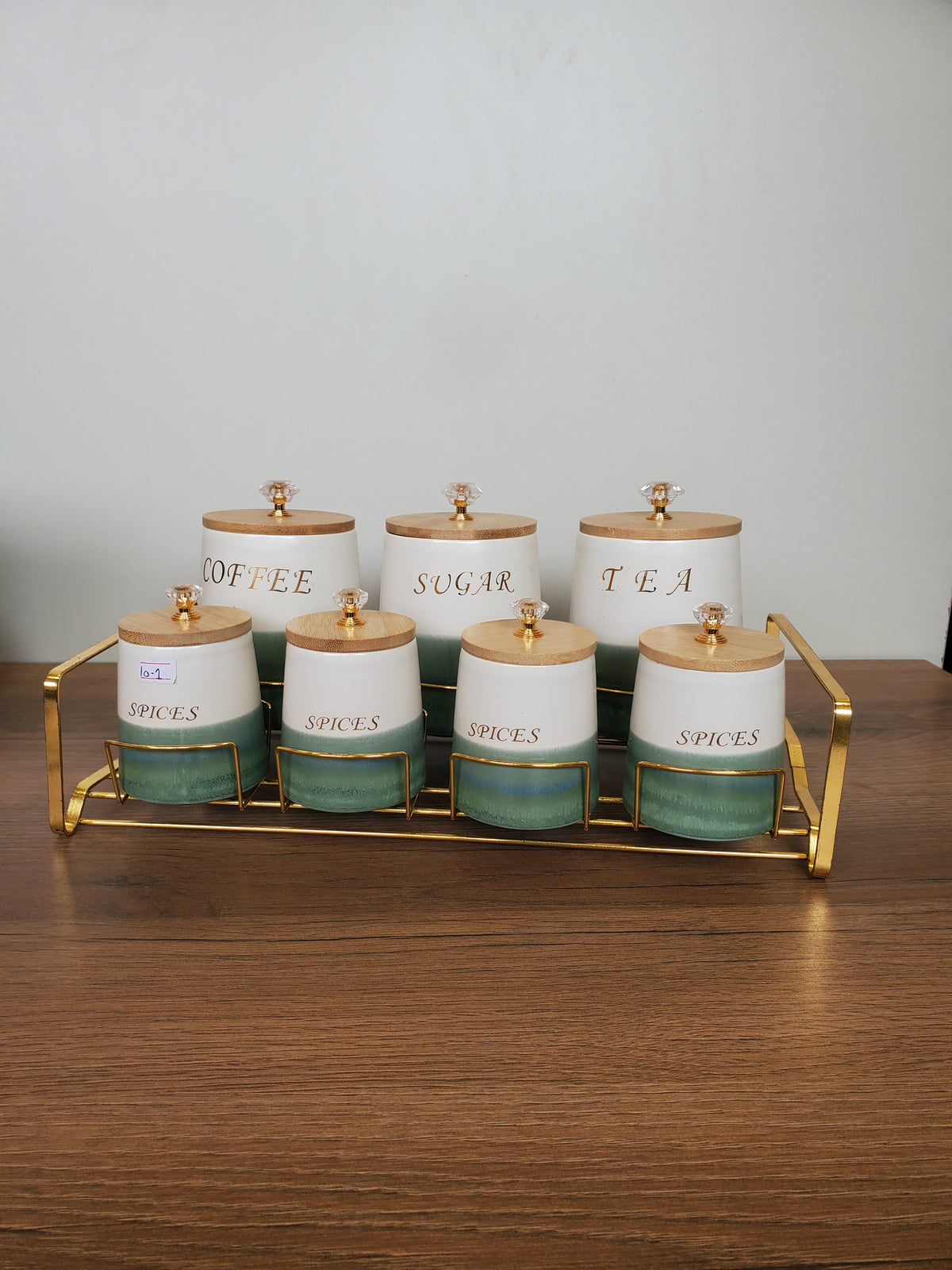 7-Piece Ceramic Kitchen Storage Jar Set with Gold Iron Stand (10-1)