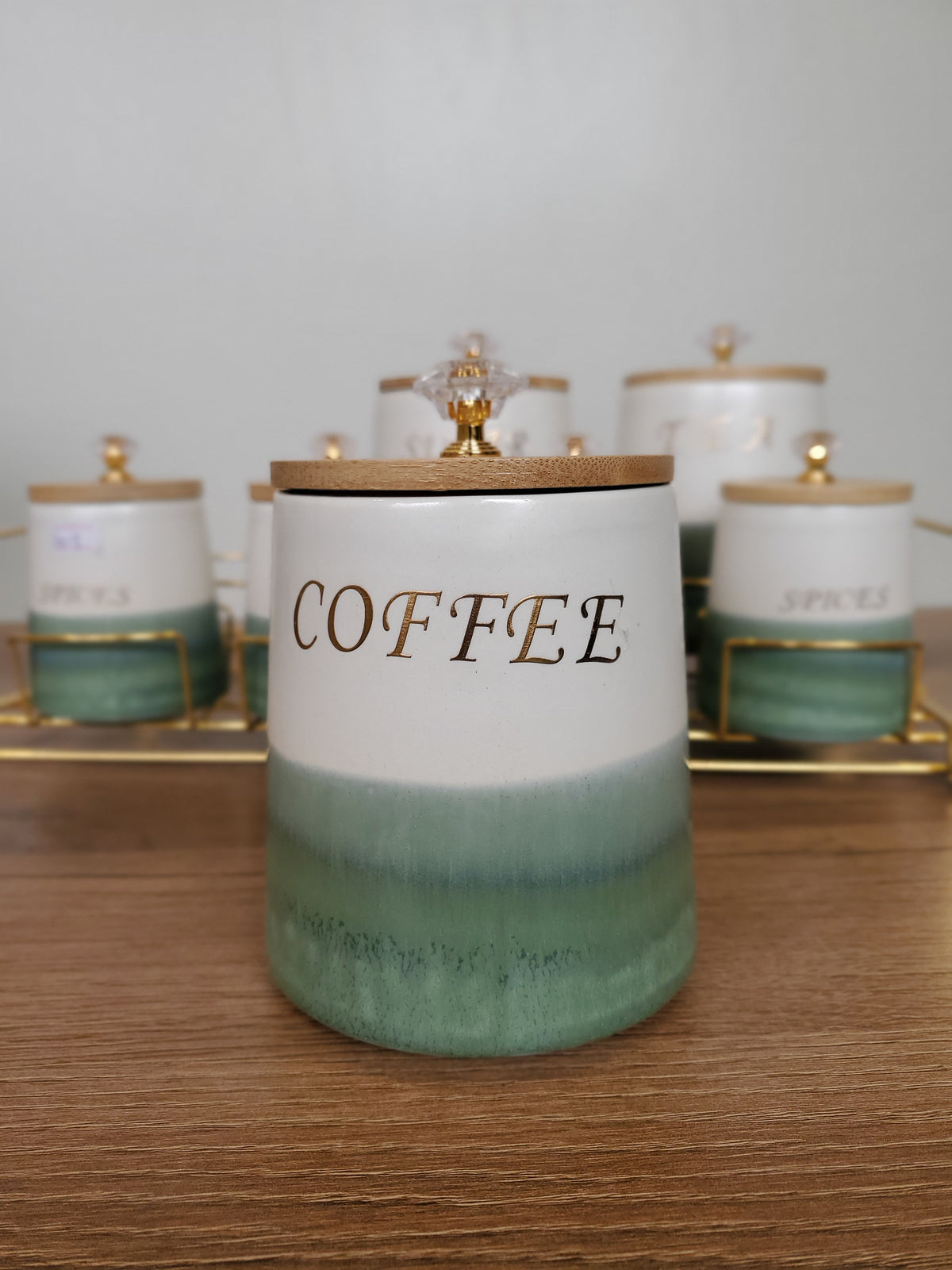 7-Piece Ceramic Kitchen Storage Jar Set with Gold Iron Stand (10-1)