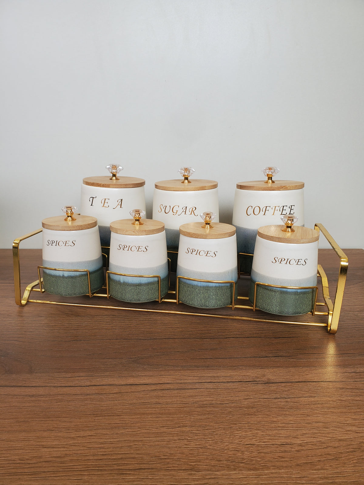 7-Piece Ceramic Kitchen Storage Jar Set with Gold Iron Stand (10-3)