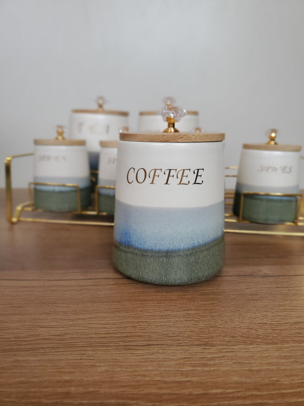 7-Piece Ceramic Kitchen Storage Jar Set with Gold Iron Stand (10-3)