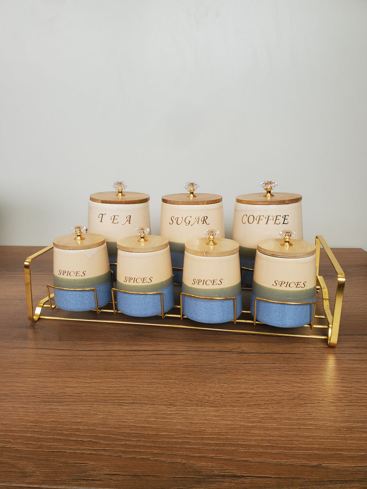 7-Piece Ceramic Kitchen Storage Jar Set with Gold Iron Stand (10-4)
