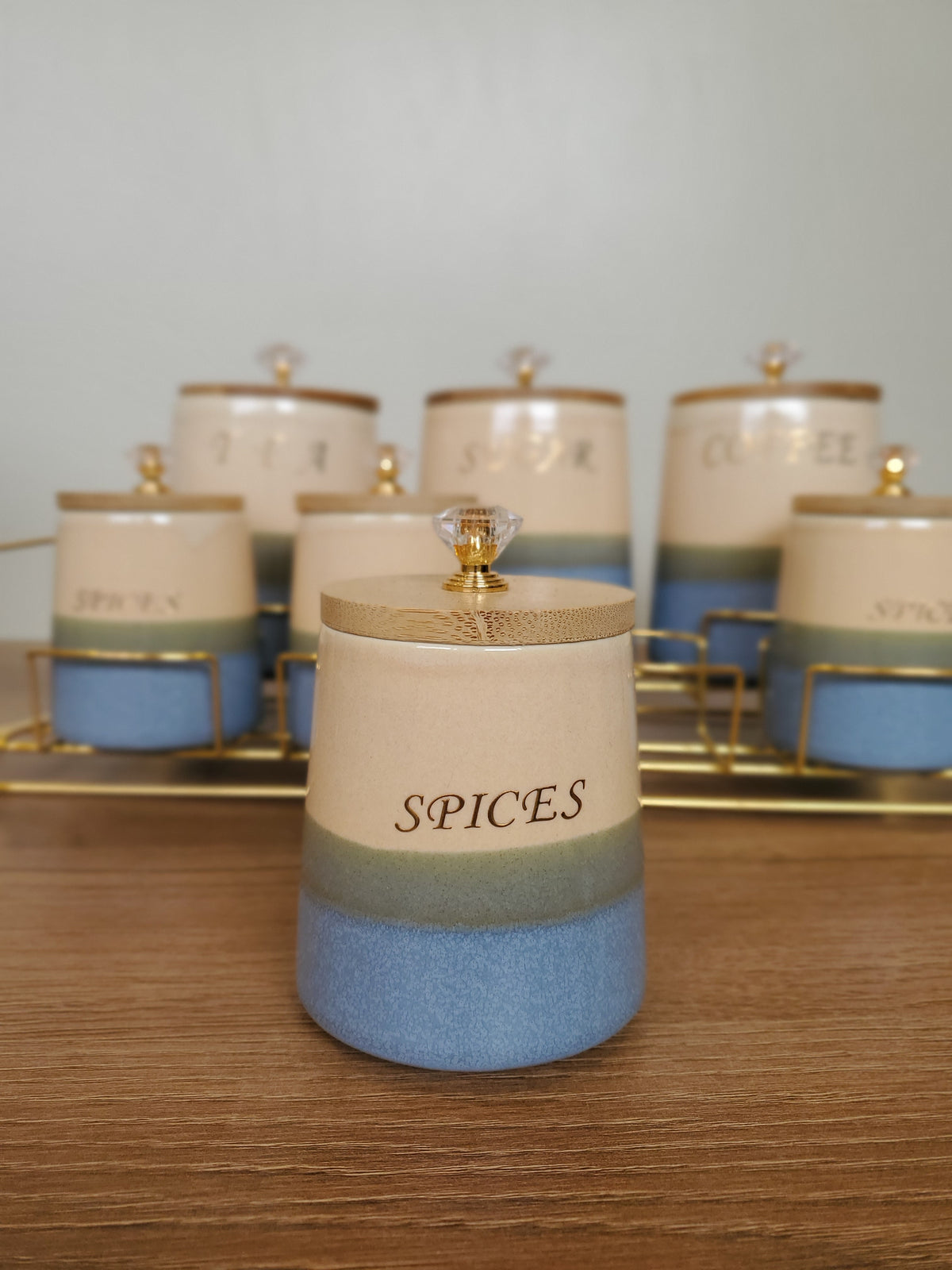 7-Piece Ceramic Kitchen Storage Jar Set with Gold Iron Stand (10-4)
