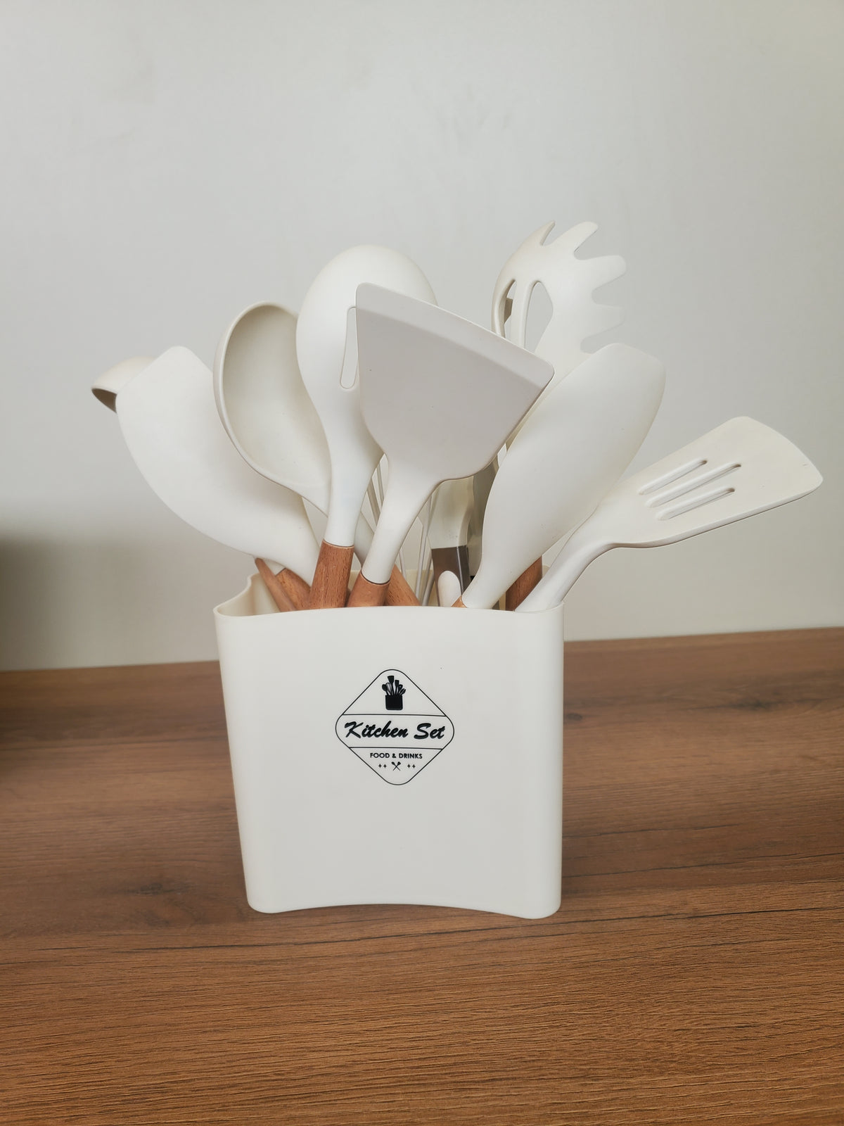 Premium Ivory Silicone Kitchen Utensil Set with Wooden Handles (WT013)