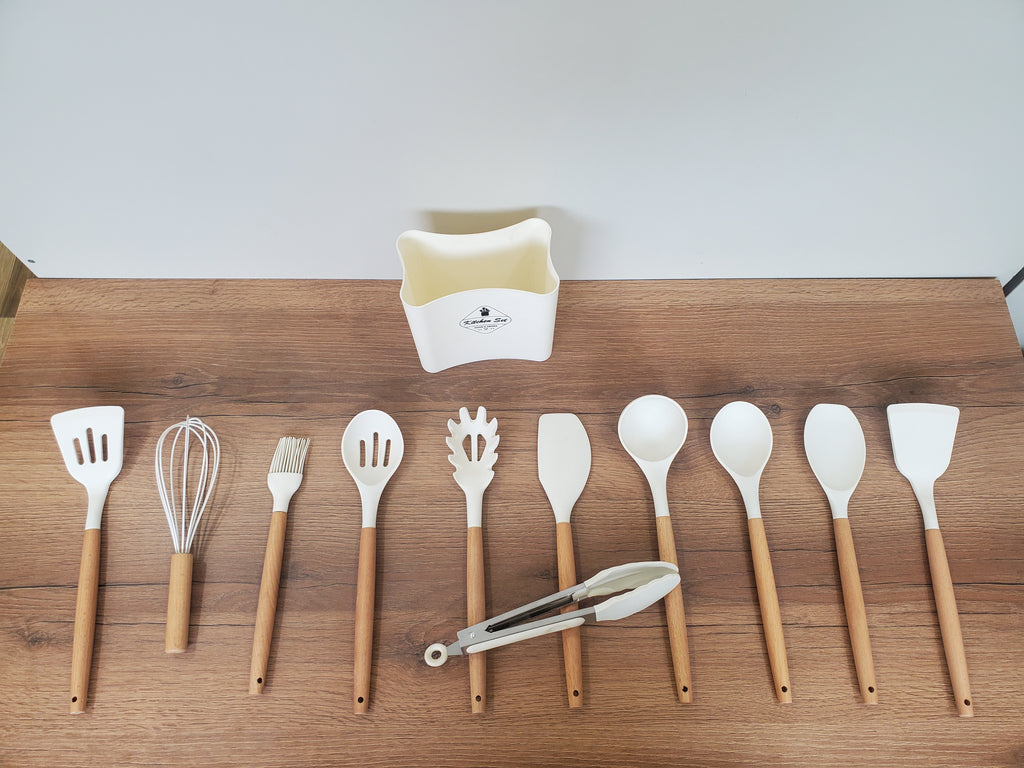 Premium Ivory Silicone Kitchen Utensil Set with Wooden Handles (WT013)