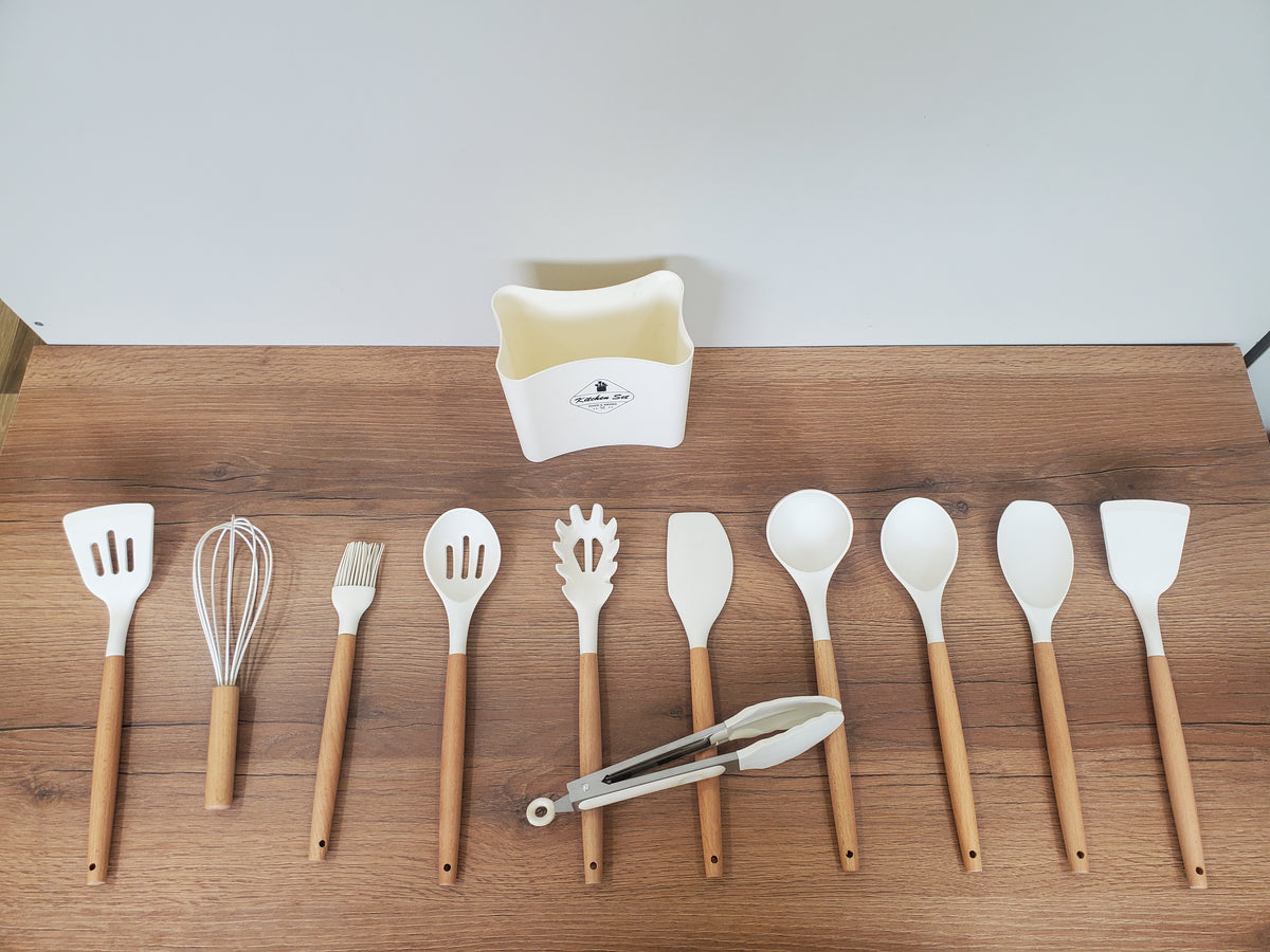 Premium Ivory Silicone Kitchen Utensil Set with Wooden Handles (WT013)