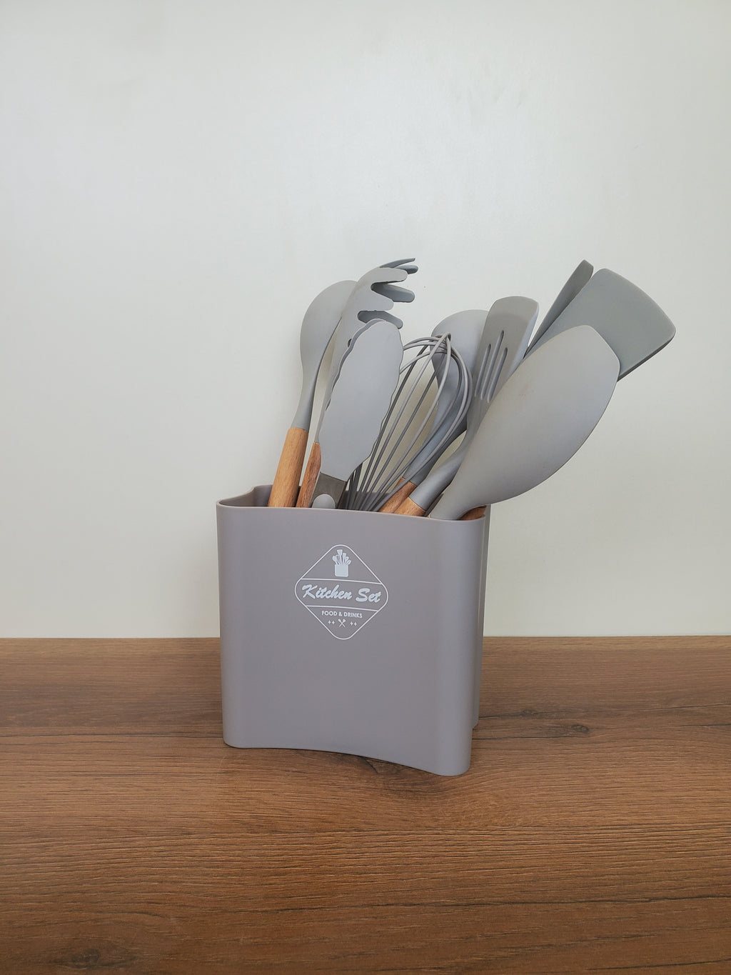 Modern Grey Silicone Kitchen Tool Set with Wooden Handles (WT015)