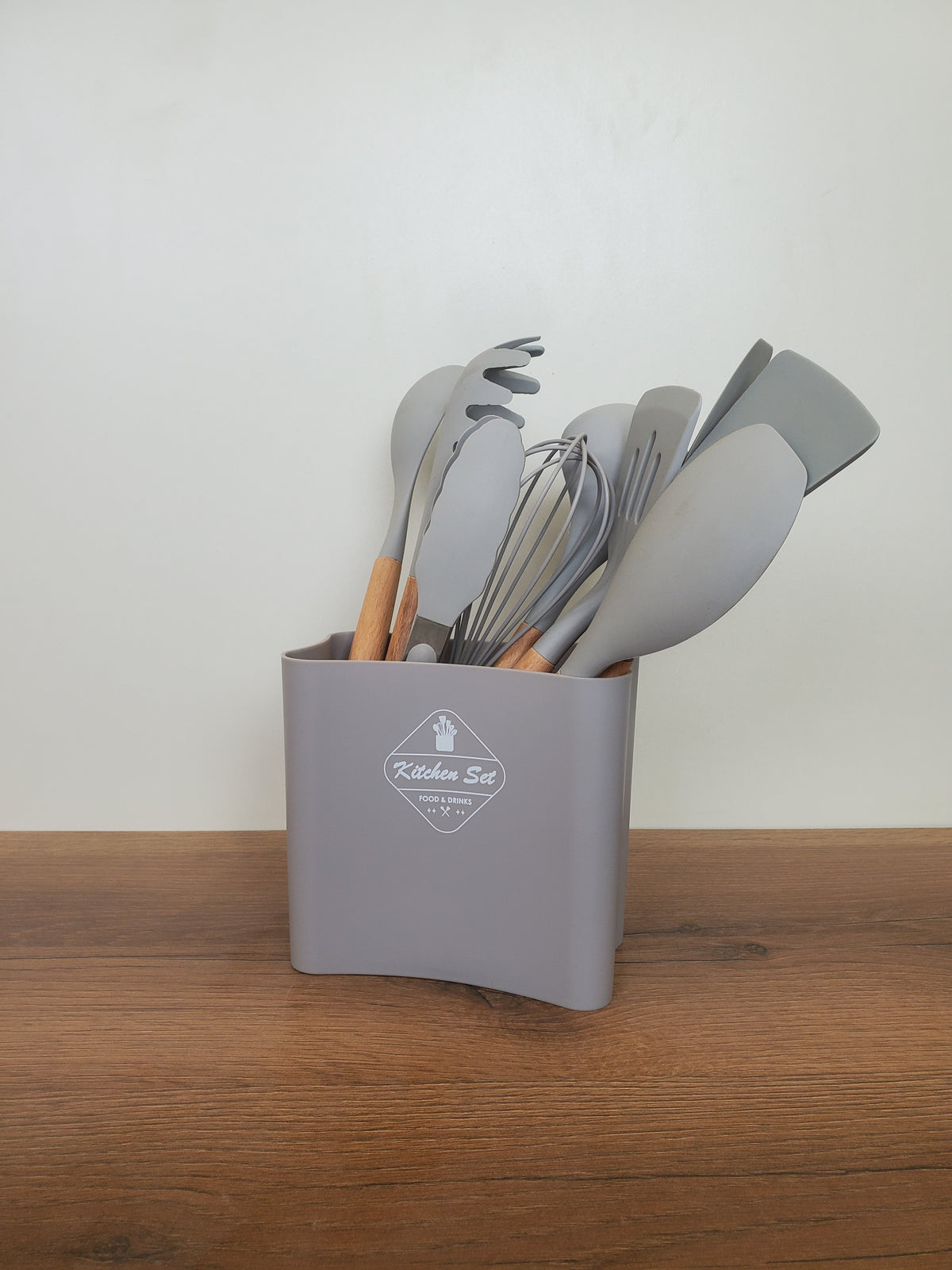 Modern Grey Silicone Kitchen Tool Set with Wooden Handles (WT015)