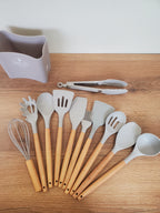 Modern Grey Silicone Kitchen Tool Set with Wooden Handles (WT015)