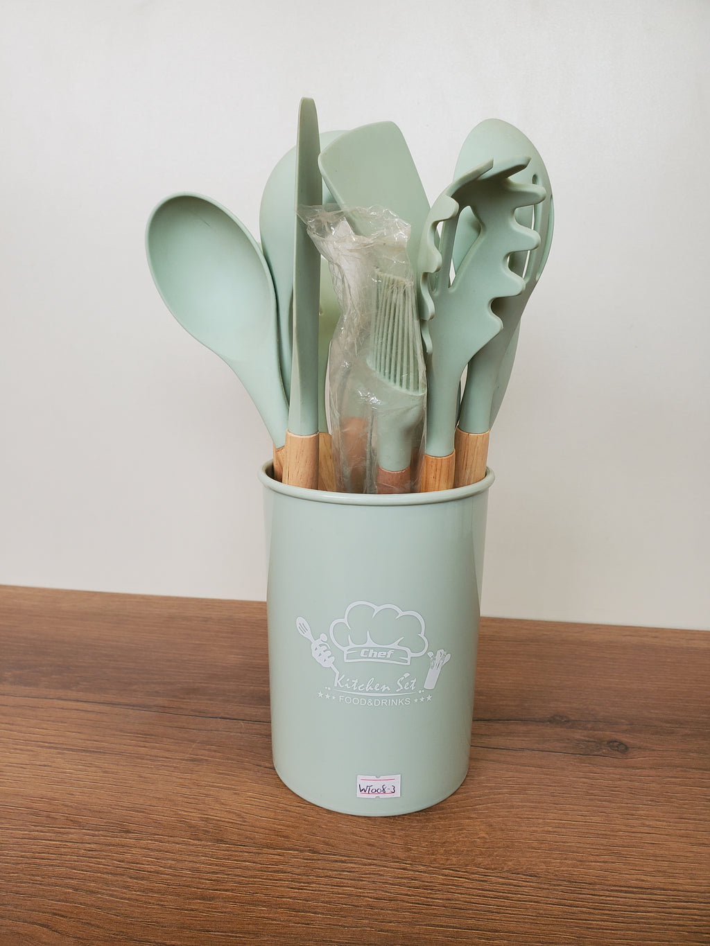 Premium Silicone Kitchen Utensil Set with Holder – 12 Pieces (WT008-3 | Sage Green)