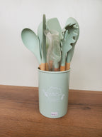 Premium Silicone Kitchen Utensil Set with Holder – 12 Pieces (WT008-3 | Sage Green)