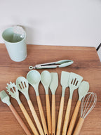 Premium Silicone Kitchen Utensil Set with Holder – 12 Pieces (WT008-3 | Sage Green)