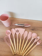 Premium Silicone Kitchen Utensil Set with Holder – 12 Pieces (WT008-1 | Pink)