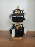 6-Piece Ceramic Mug Set with Wooden Stand Black Marble Design (8-31)