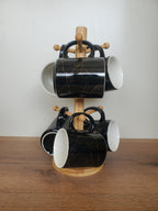 6-Piece Ceramic Mug Set with Wooden Stand Black Marble Design (8-31)