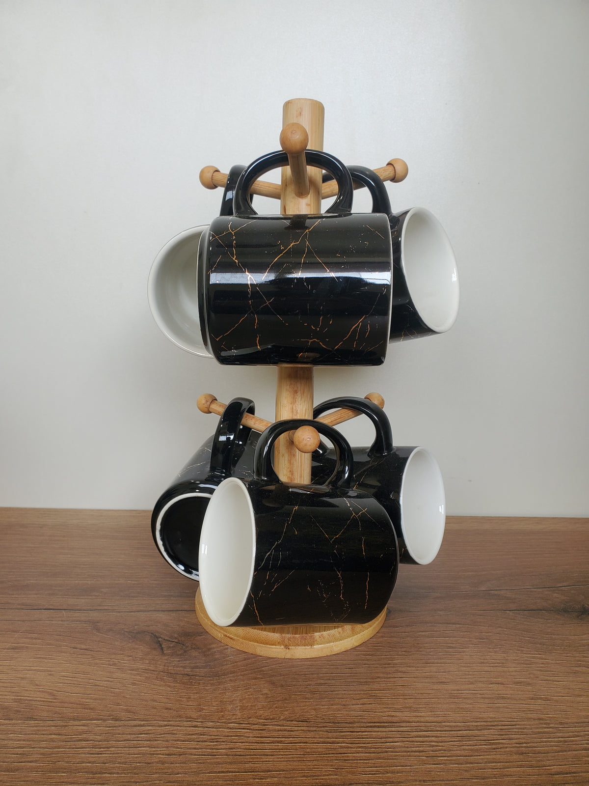 6-Piece Ceramic Mug Set with Wooden Stand Black Marble Design (8-31)