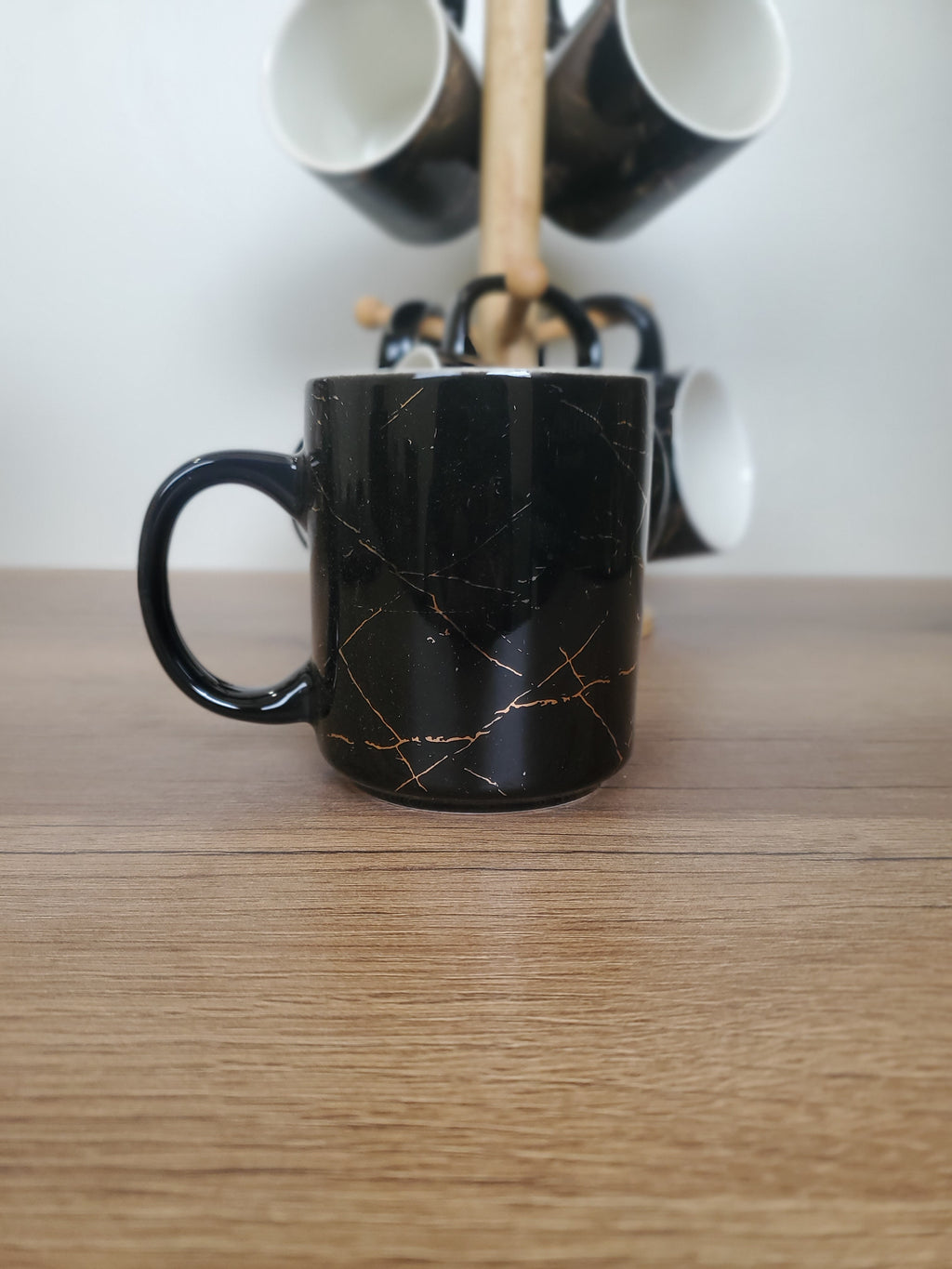6-Piece Ceramic Mug Set with Wooden Stand Black Marble Design (8-31)
