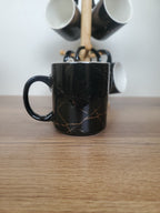 6-Piece Ceramic Mug Set with Wooden Stand Black Marble Design (8-31)