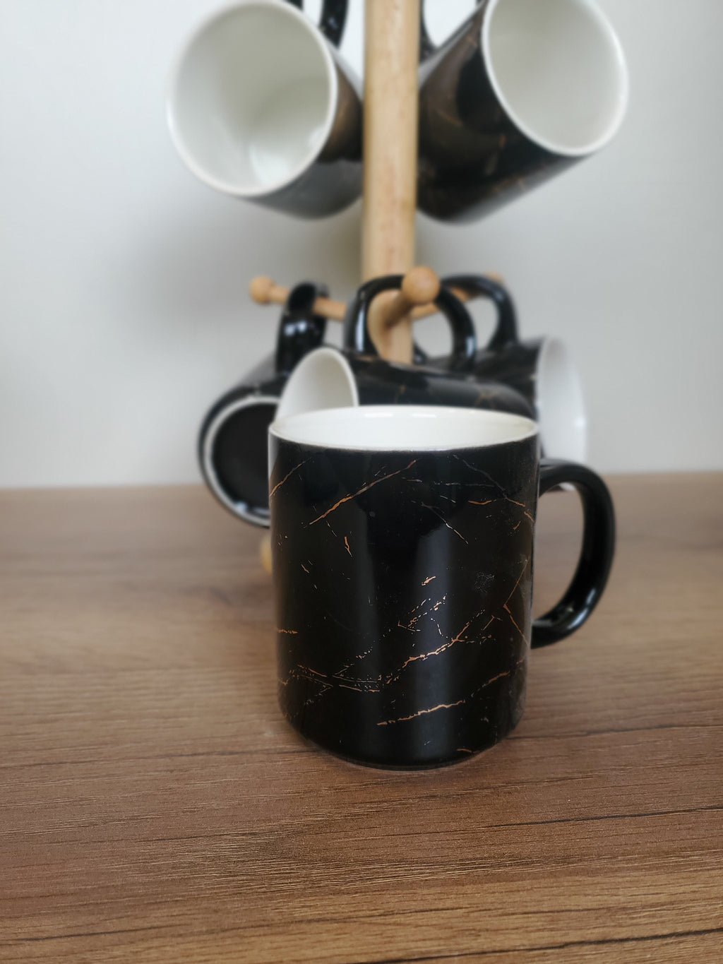 6-Piece Ceramic Mug Set with Wooden Stand Black Marble Design (8-31)