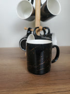 6-Piece Ceramic Mug Set with Wooden Stand Black Marble Design (8-31)
