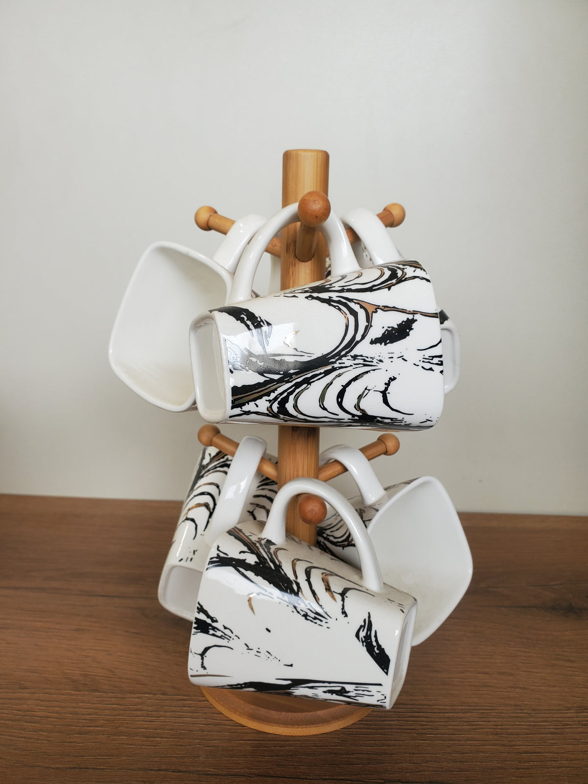 6-Piece Ceramic Mug Set with Wooden Stand Abstract Marble Design (8-29)