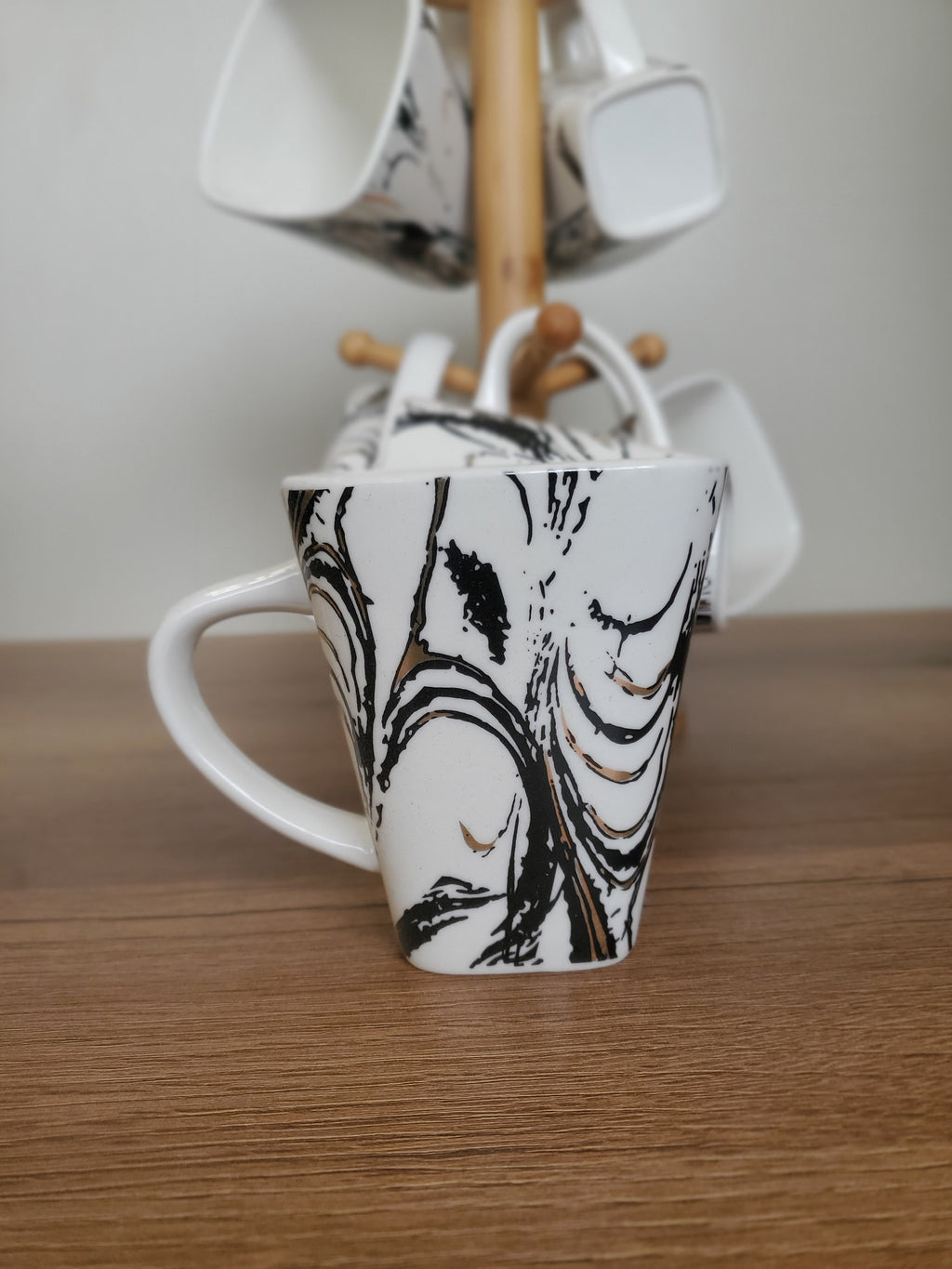 6-Piece Ceramic Mug Set with Wooden Stand Abstract Marble Design (8-29)