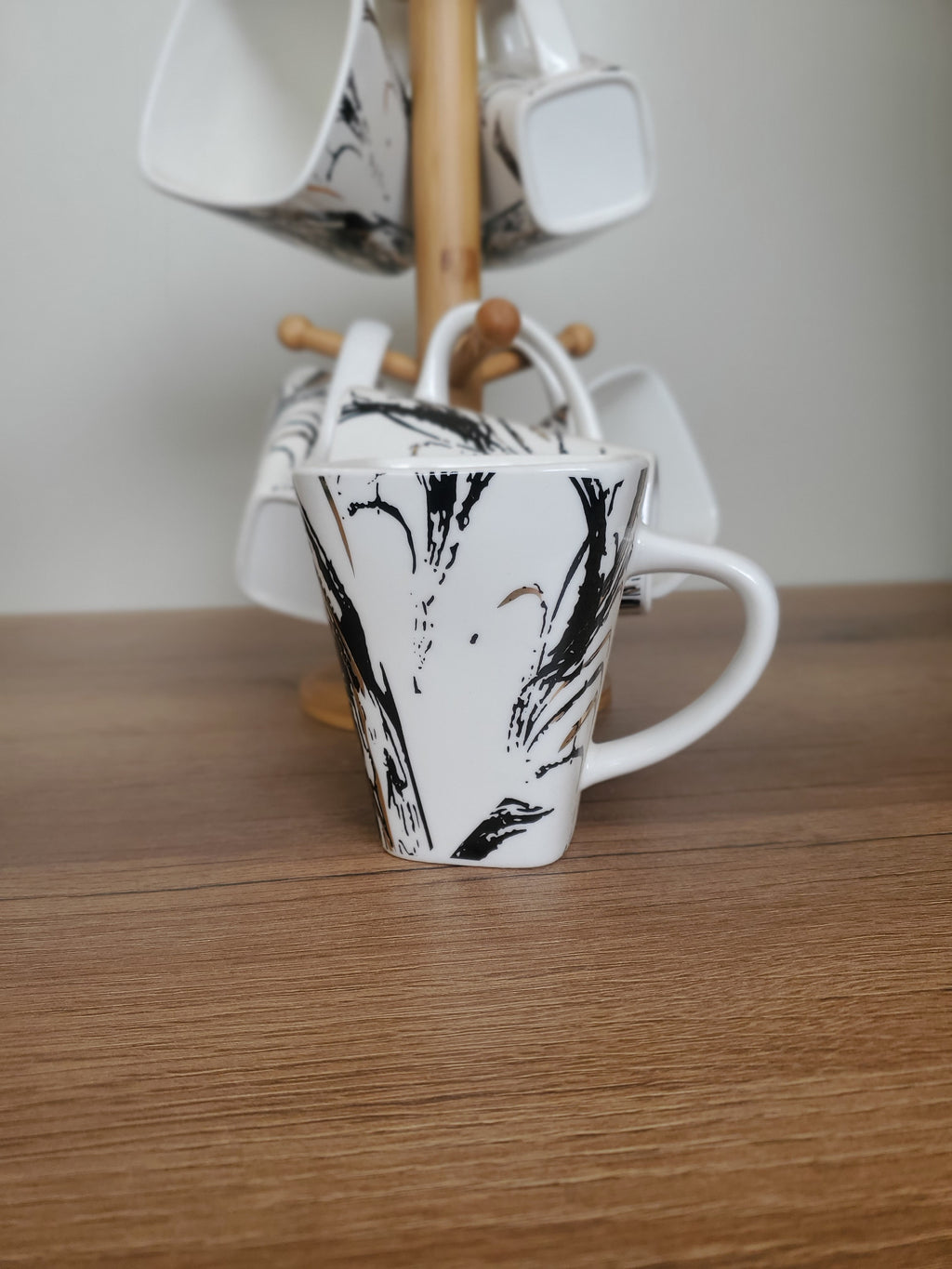 6-Piece Ceramic Mug Set with Wooden Stand Abstract Marble Design (8-29)