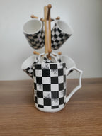 6-Piece Ceramic Mug Set with Wooden Stand Checkered Design (8-30)