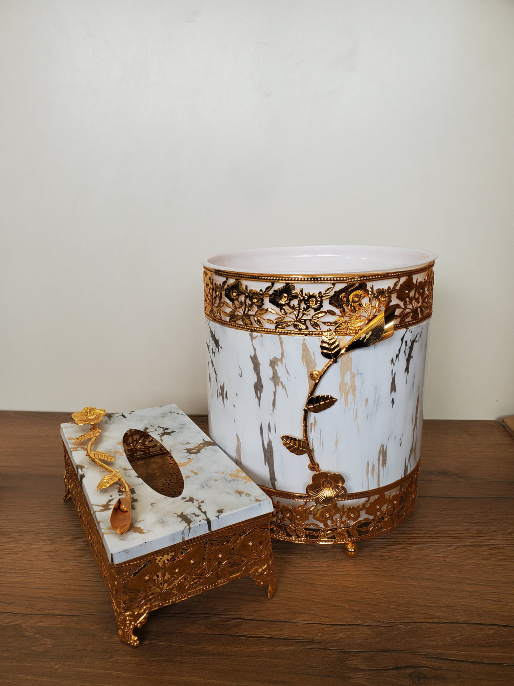 2-Piece Dustbin & Tissue Box Set White Marble Design (4-6)