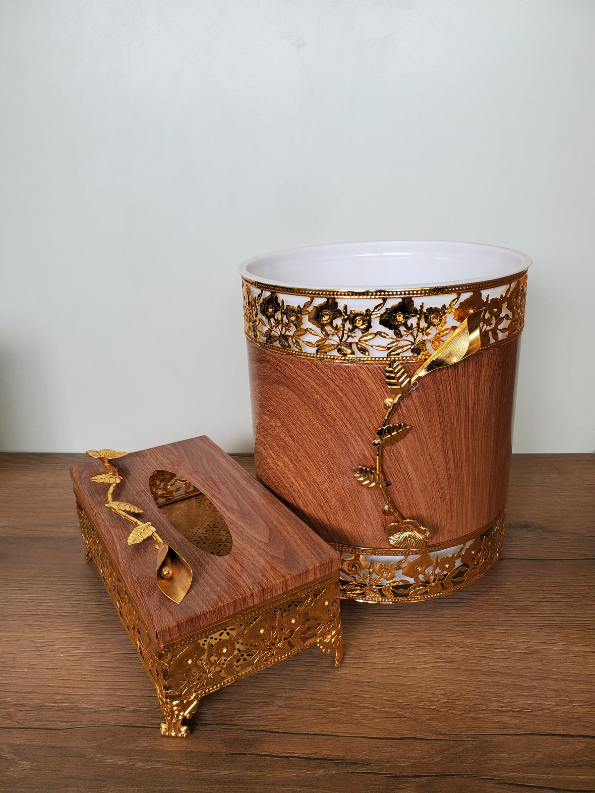 2-Piece Dustbin & Tissue Box Set Wood Grain Design (4-8)