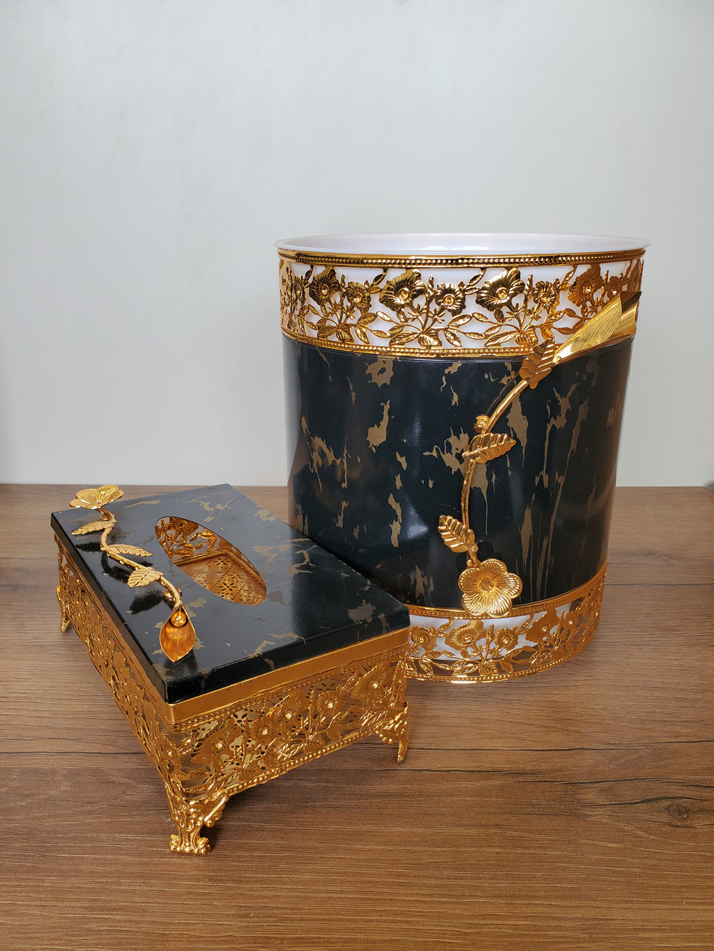 2-Piece Dustbin & Tissue Box Set Black & Gold Deer Design (4-7)