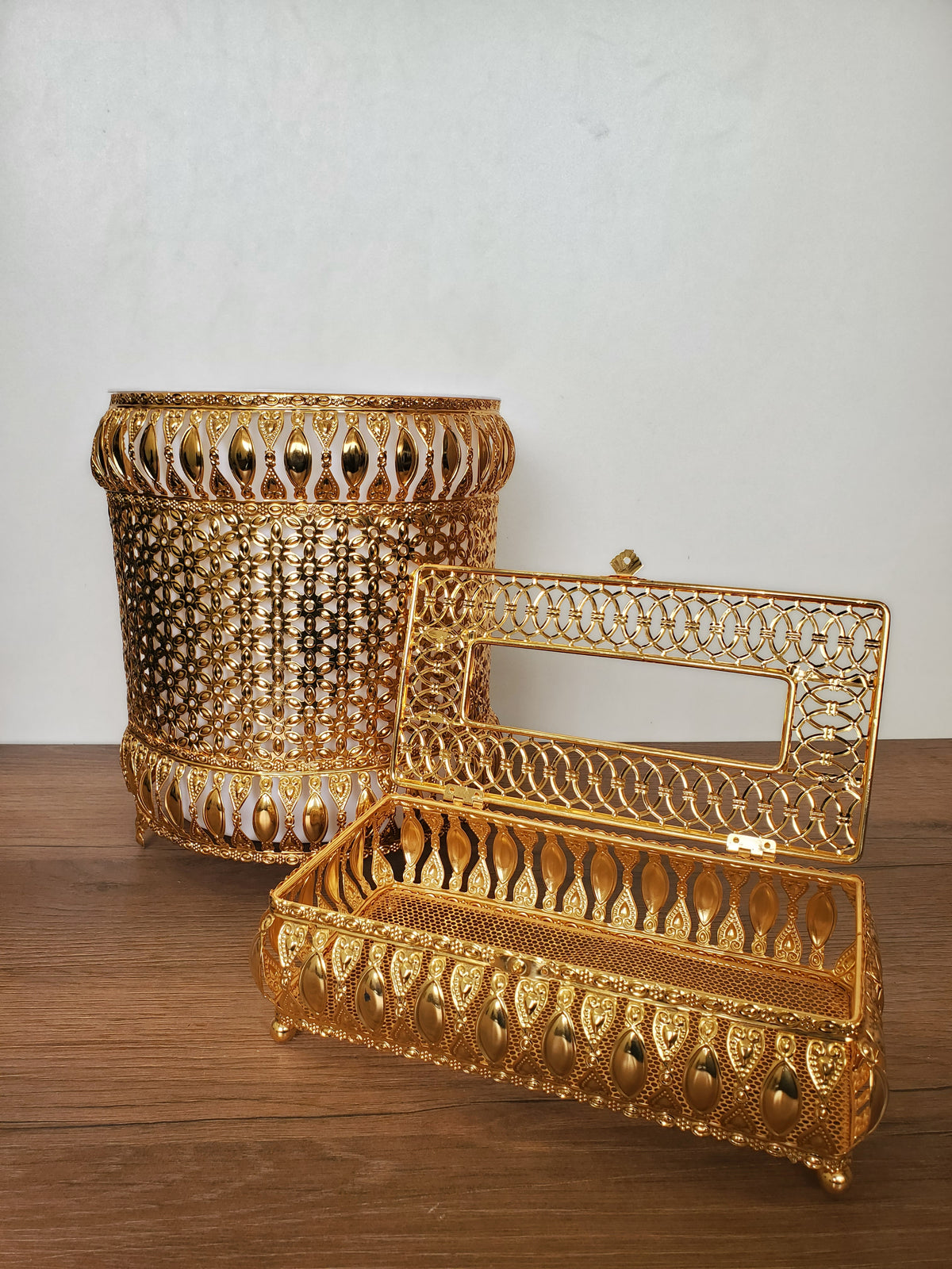 2 Piece Decorative Metal Dustbin & Tissue Box Gold Floral Design (4-2)