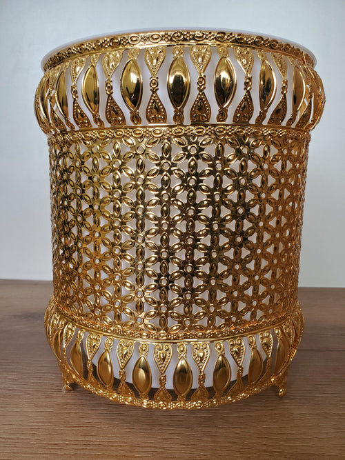 2 Piece Decorative Metal Dustbin & Tissue Box Gold Floral Design (4-2)