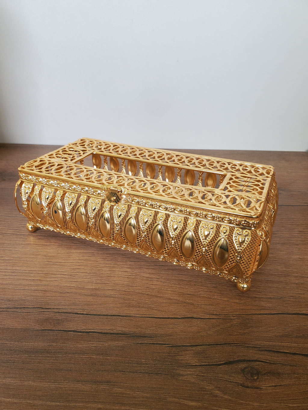 2 Piece Decorative Metal Dustbin & Tissue Box Gold Floral Design (4-2)