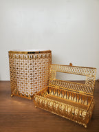2-Piece Golden Floral Leaf Design Metal Tissue Box & Dustbin Set (4-1)