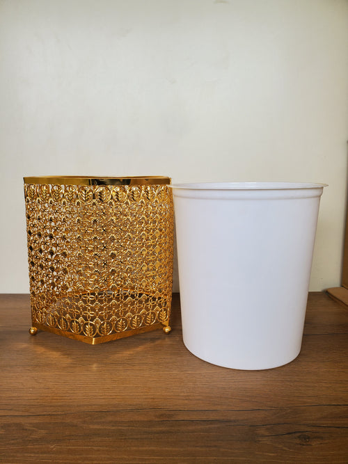2-Piece Golden Floral Leaf Design Metal Tissue Box & Dustbin Set (4-1)