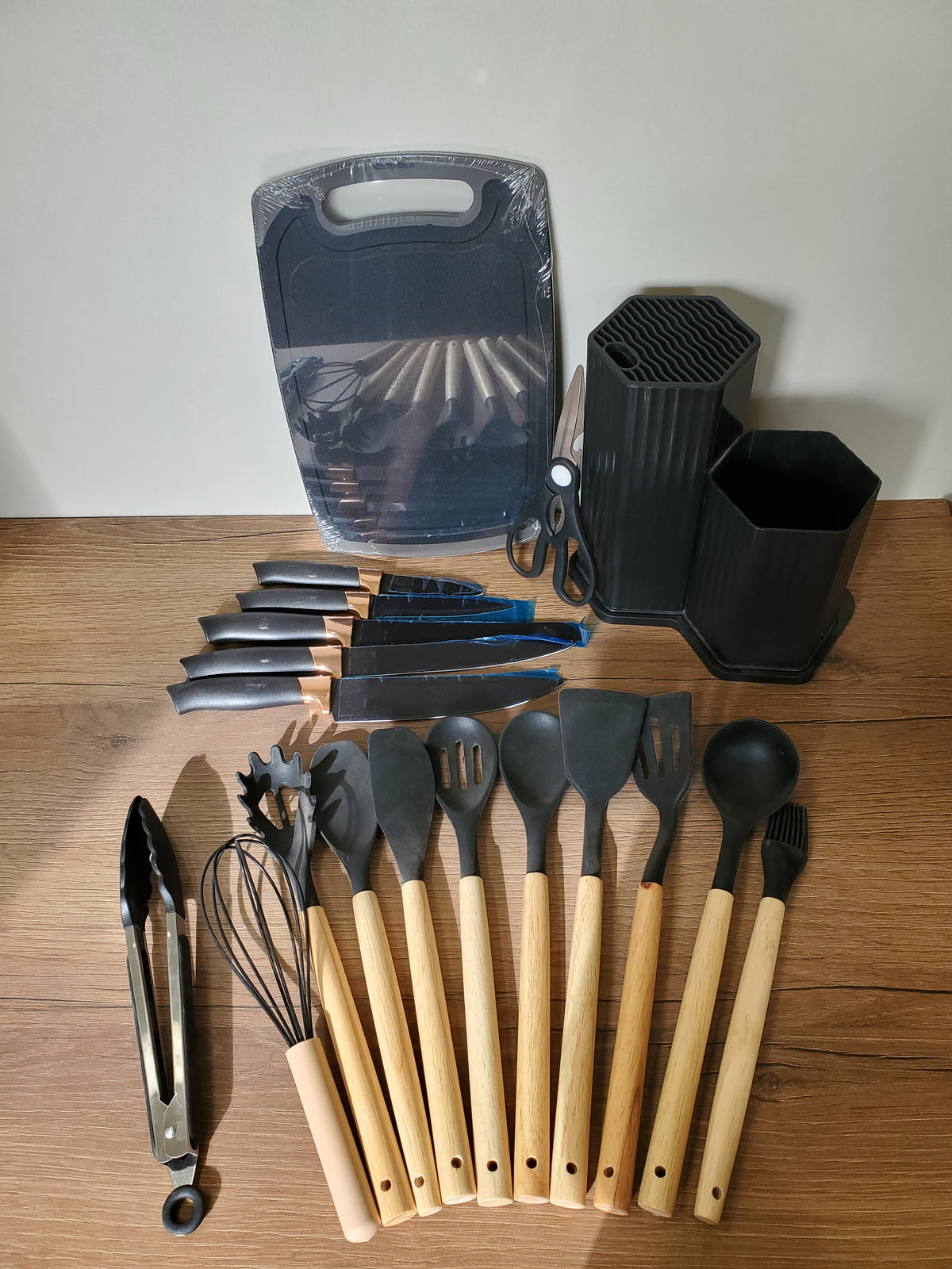 Knife & Silicone Utensils Set with Chopping Board & Hexagon Stand (3-3)