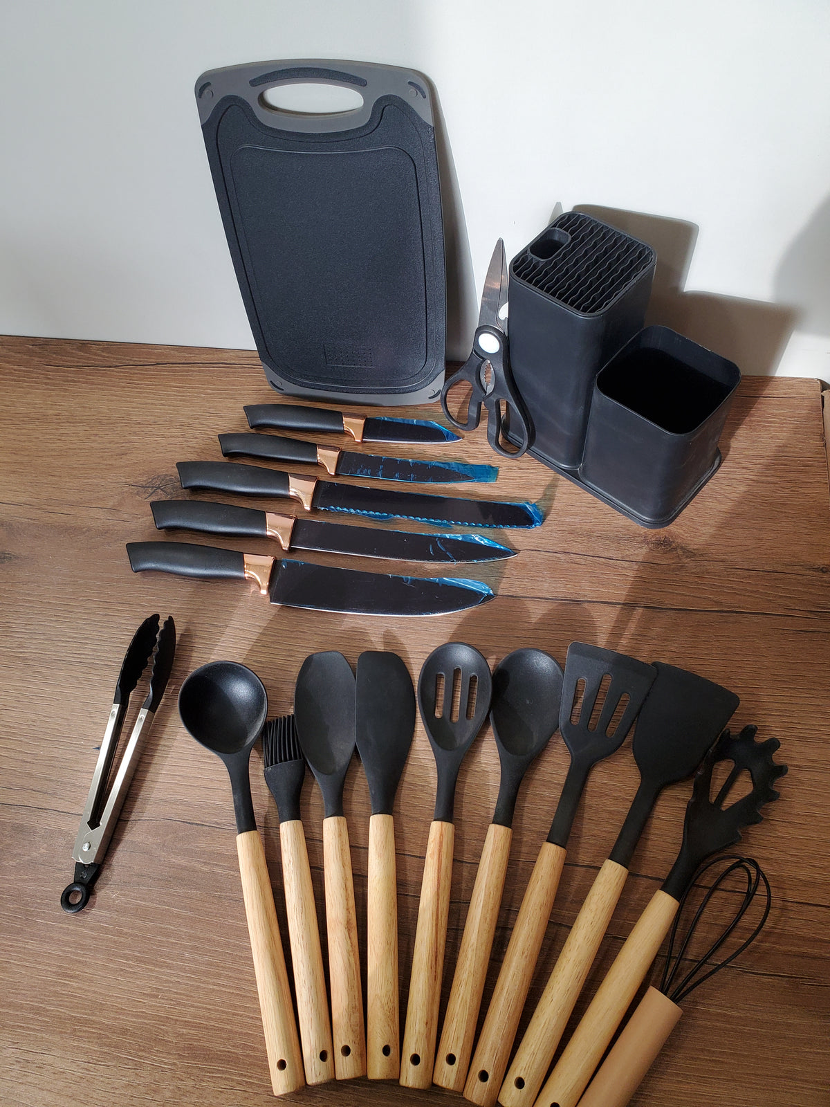 Knife & Silicone Utensils Set with Chopping Board & Square Stand (3-1)