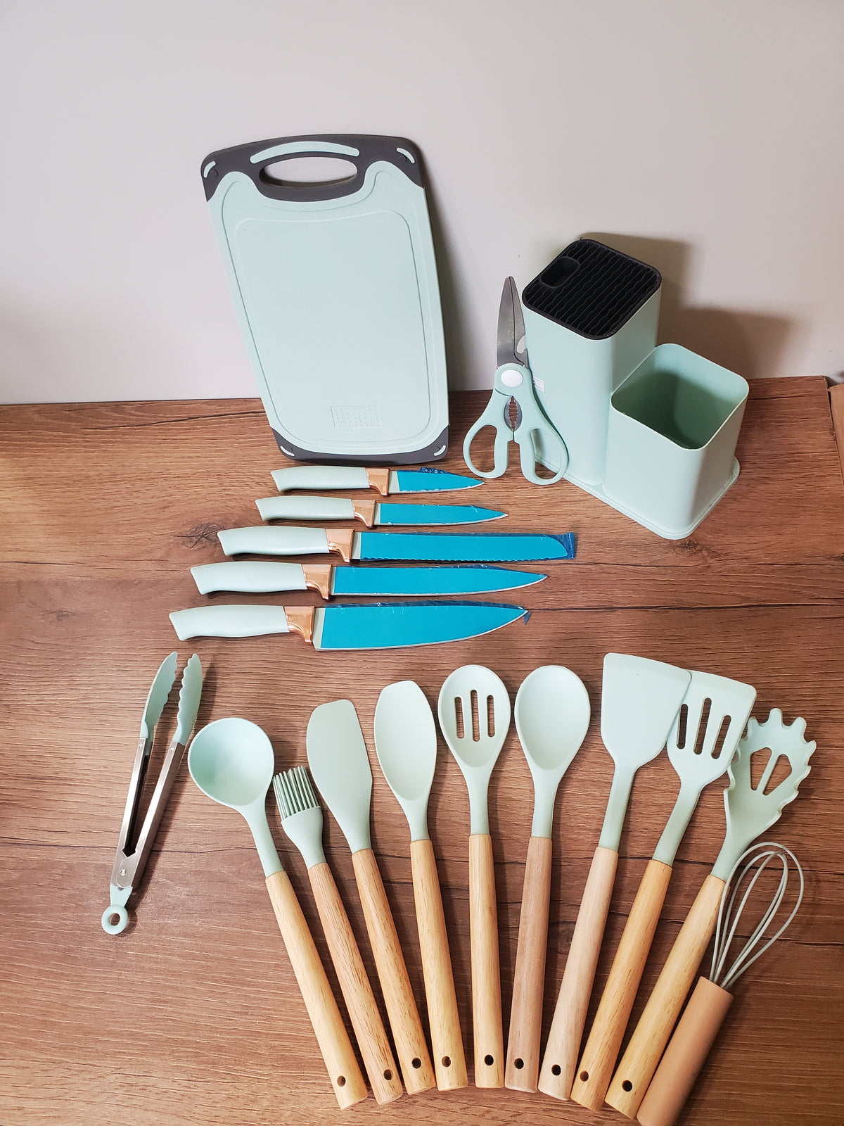 Knife & Silicone Utensils Set with Chopping Board & Square Stand (3-1)