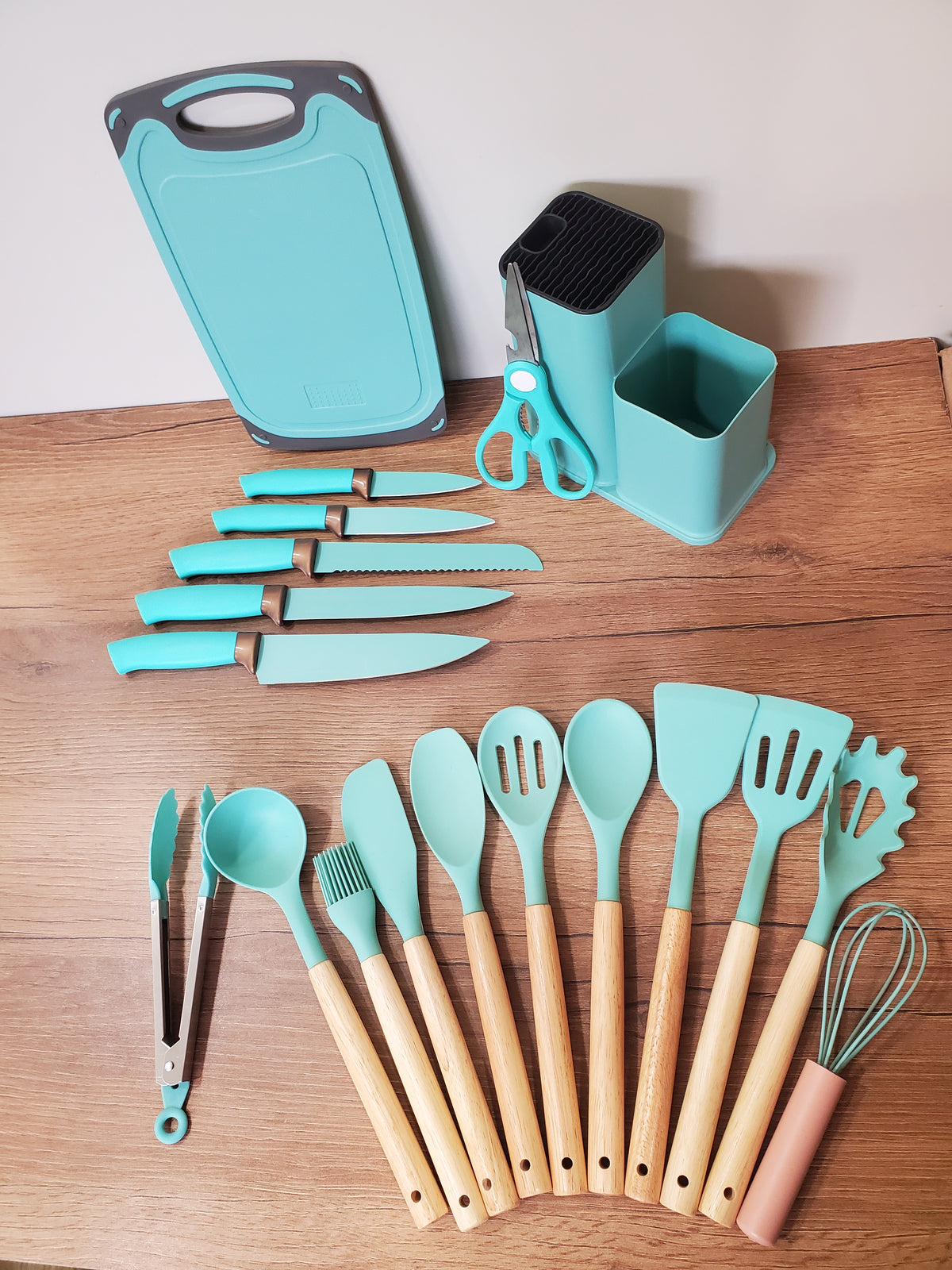 Knife & Silicone Utensils Set with Chopping Board & Square Stand (3-1)