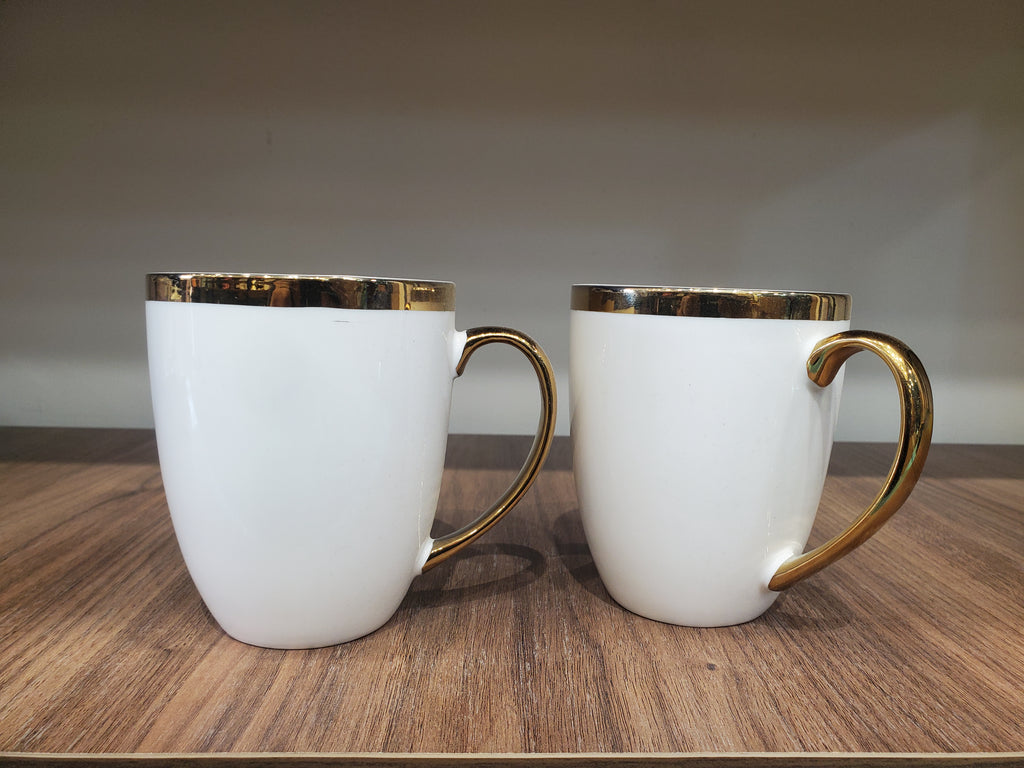 Gold Trim White Porcelain Coffee Mugs - 6-Piece Set