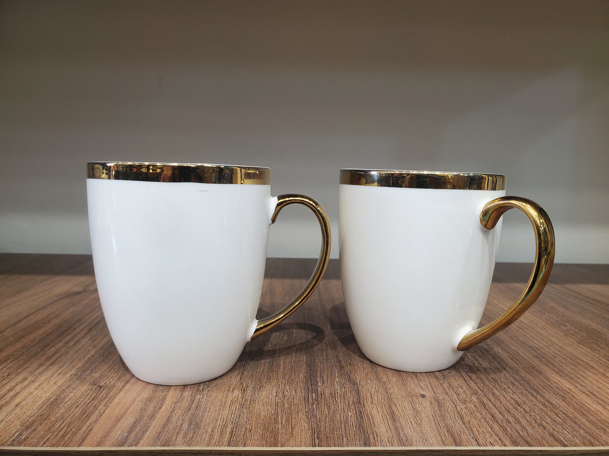 Gold Trim White Porcelain Coffee Mugs - 6-Piece Set