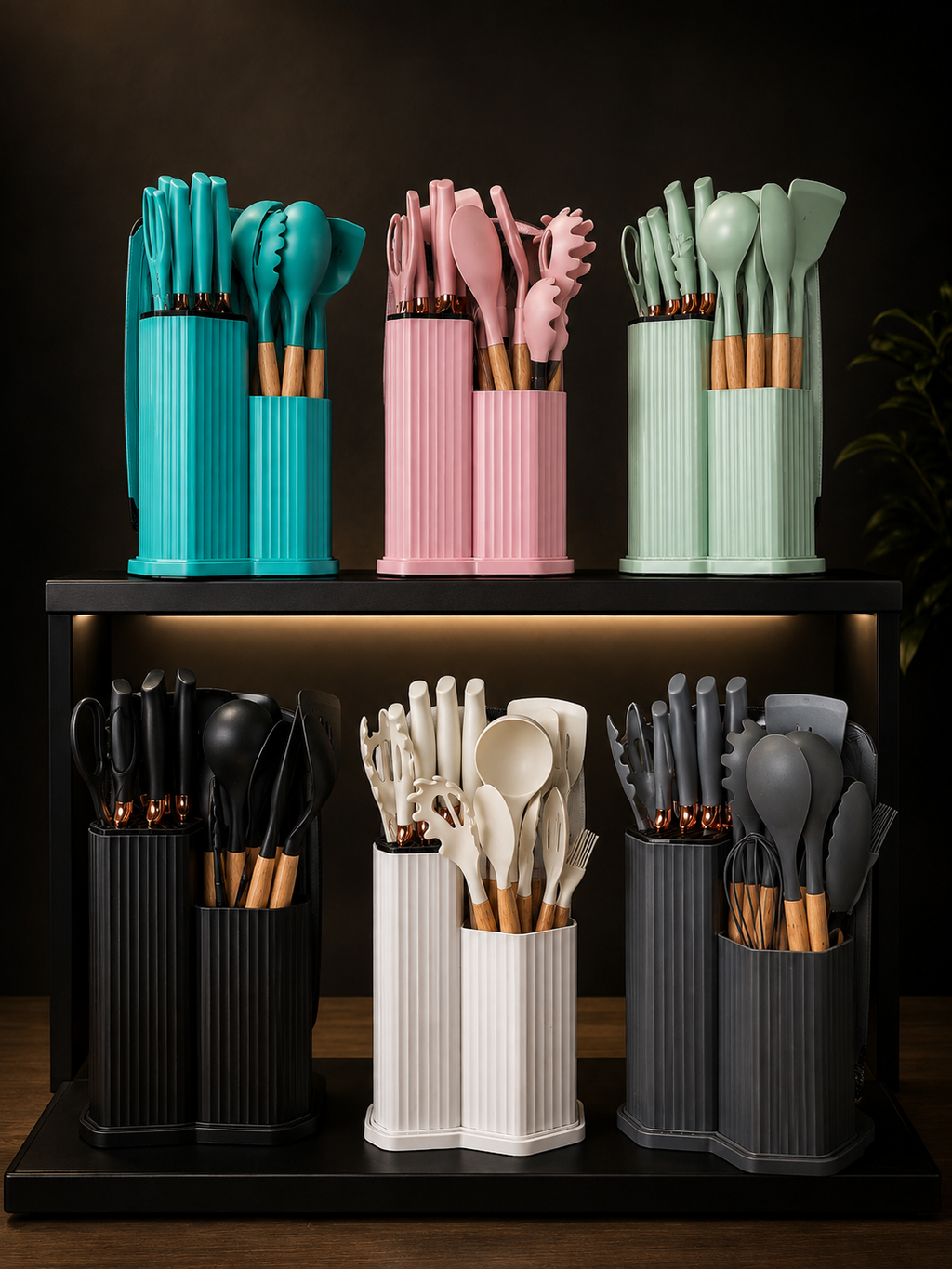 Knife & Silicone Utensils Set with Chopping Board & Hexagon Stand (3-3)