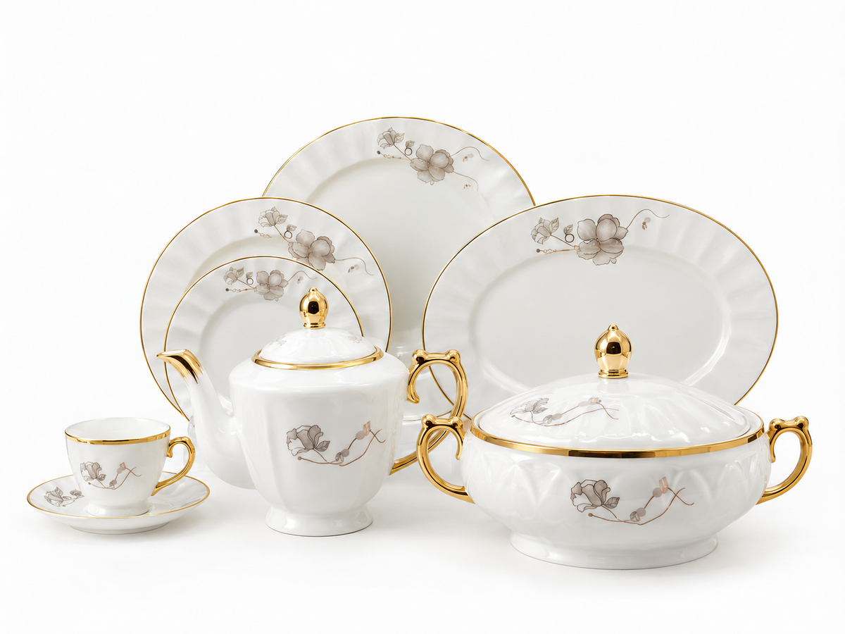 White Floral Gold Accent Embossed Ceramic Dinner Set 61Pcs – 8 Person