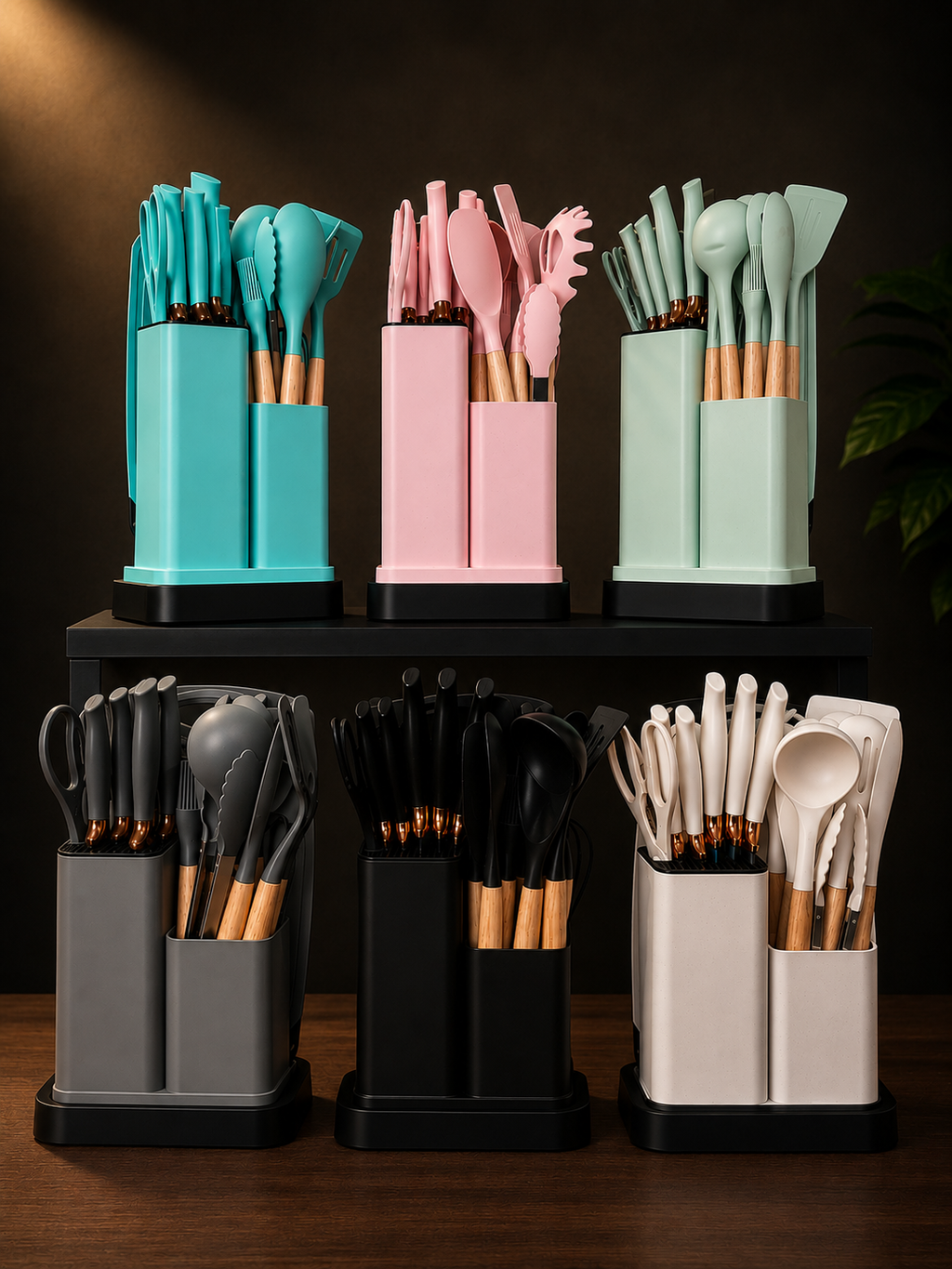 Knife & Silicone Utensils Set with Chopping Board & Square Stand (3-1)